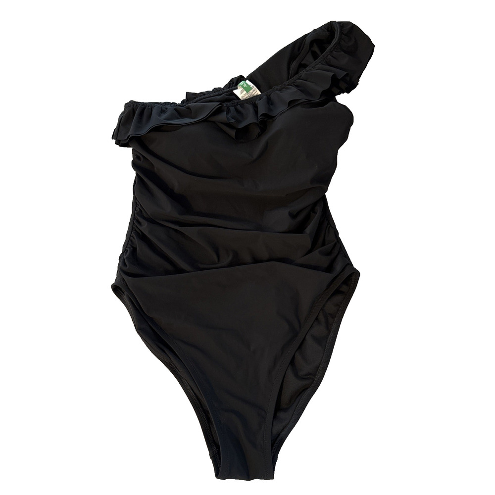 J. Crew Black One-Shoulder Ruffle Ruched One-Piece Swimsuit, Size 10